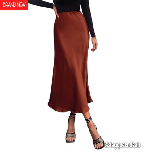 Satin Midi Skirt High Waisted A-Line Flowy Elegant Cocktail Wedding - Picture 2 of 8